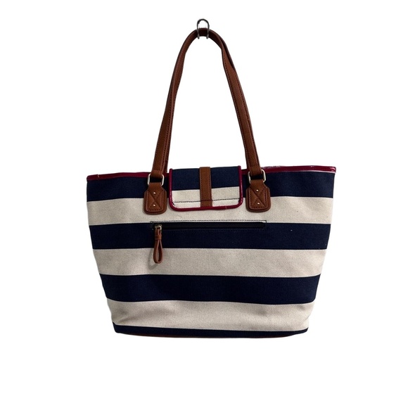 Tommy Hilfiger Striped Canvas Tote Bag Leather Trim Nautical Preppy Coastal Chic - Picture 16 of 16